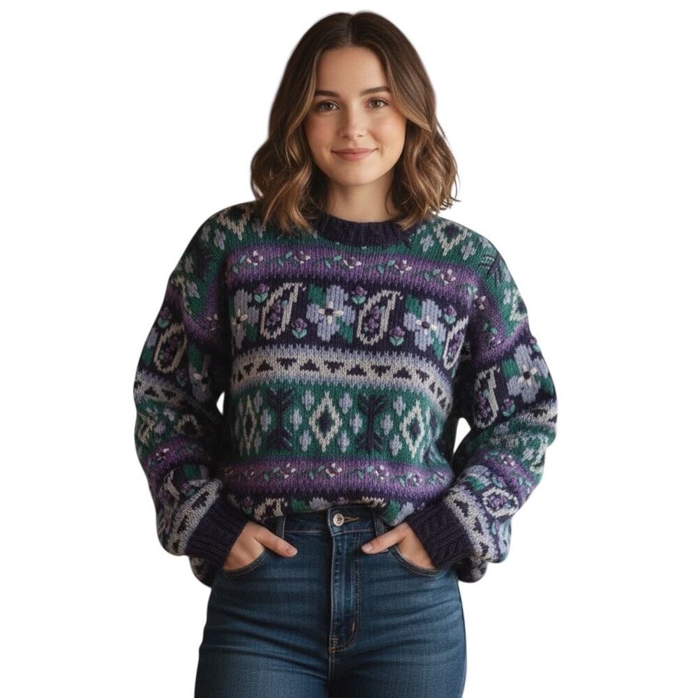 Vintage 80's Cottagecore Sweater Portraits by Northern Isles Petite Large